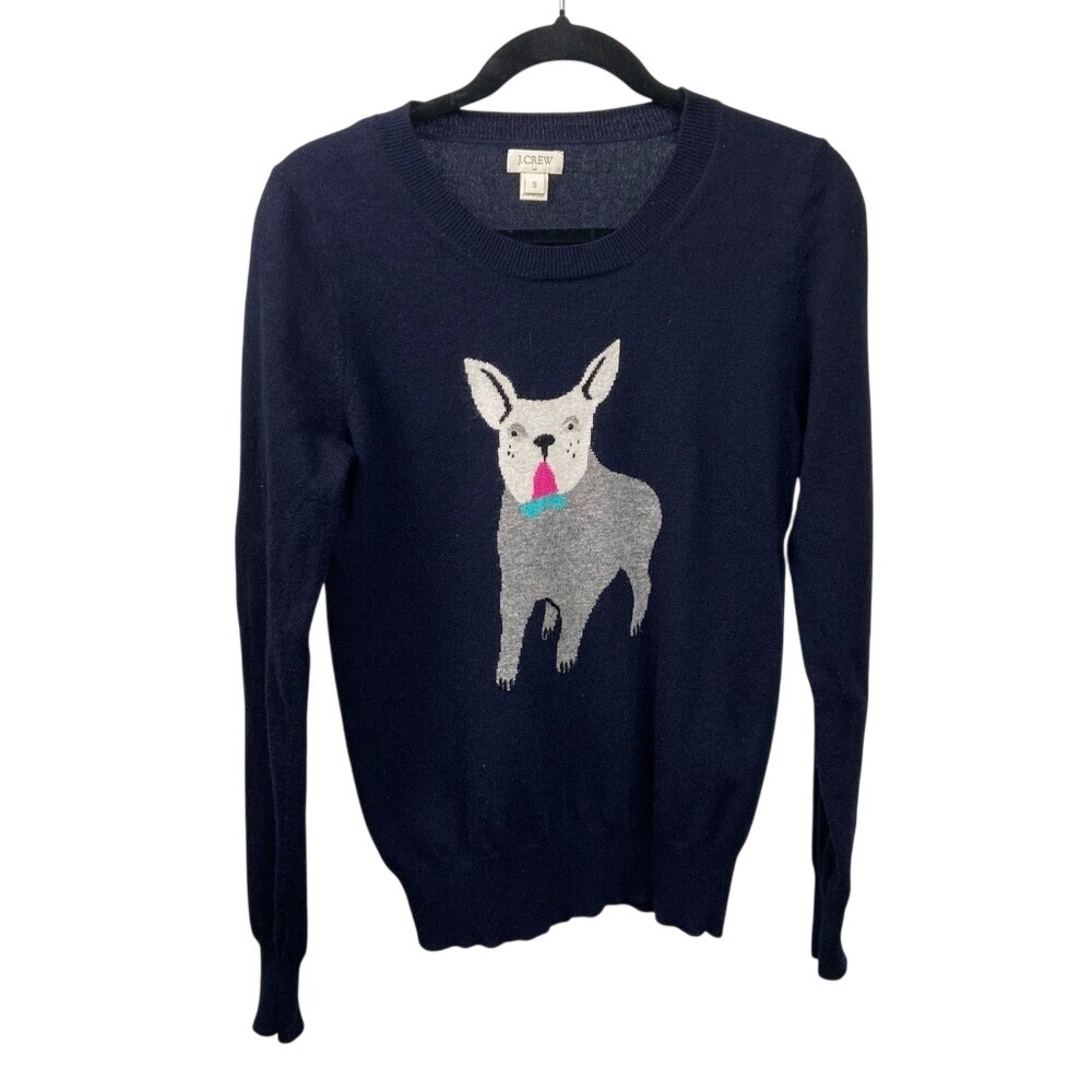 J.Crew Womens Navy French Bulldog Intarsia Merino Wool Blend Sweater‎ S 02103